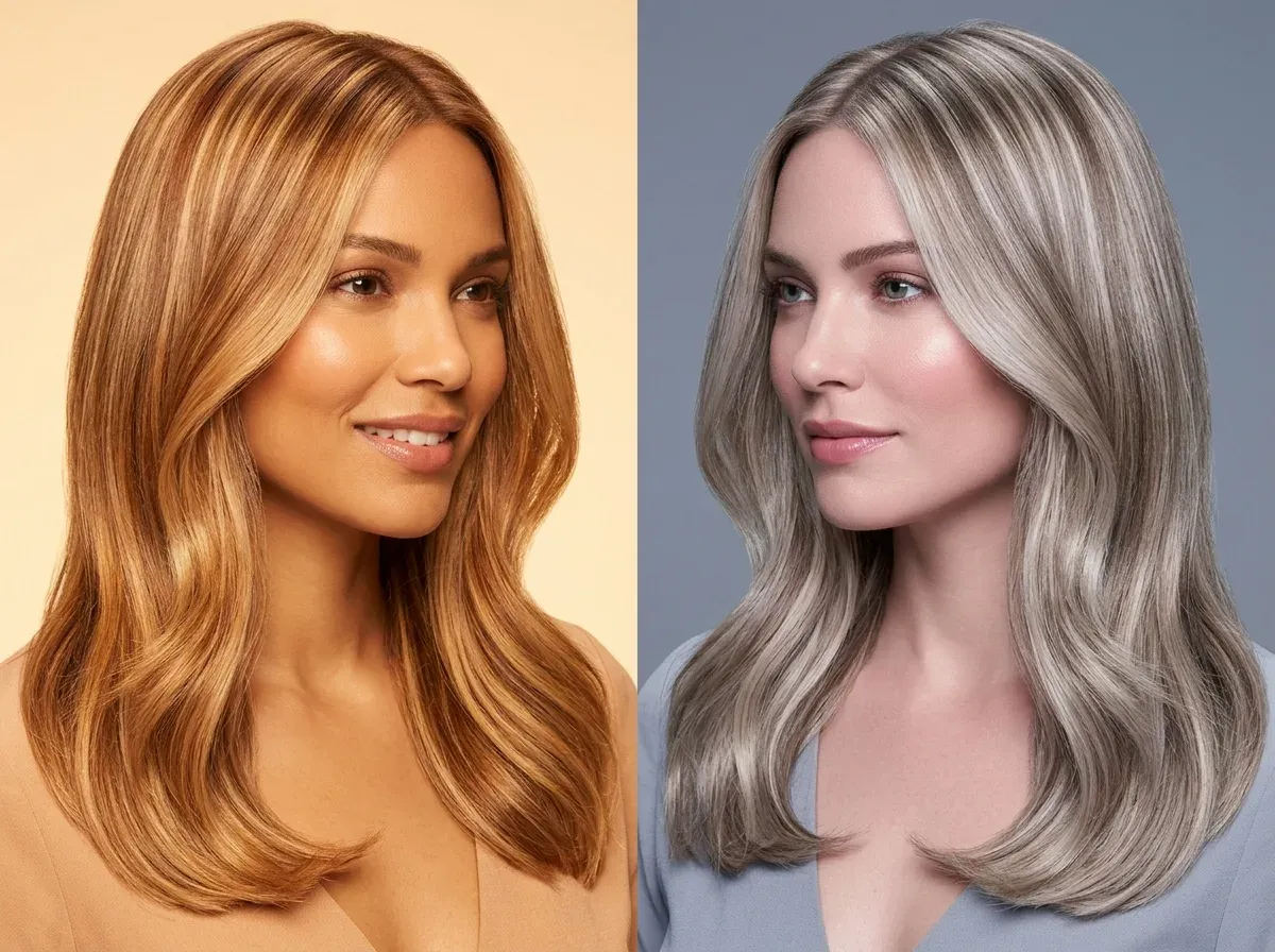 Comparação de cores de cabelo quentes e frias lado a lado em duas mulheres: à esquerda tons quentes mel, dourado e caramelo com pele dourada; à direita tons frios loiro acinzentado e platinado com pele rosada