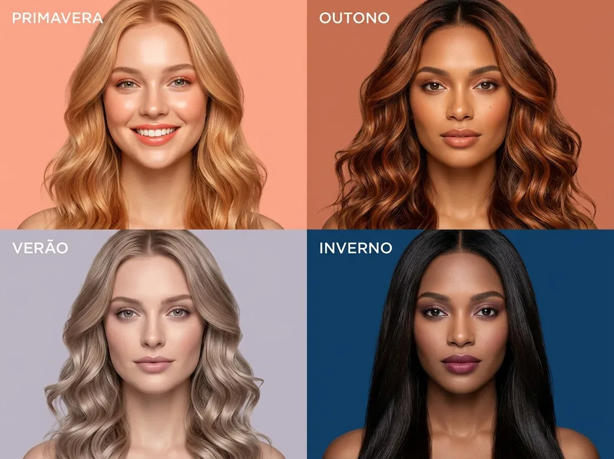 Três mulheres diversas lado a lado com cabelos em harmonia com seu tom de pele: ruiva acobreada de pele dourada, castanho-acinzentado de pele rosada e preto azulado de pele profunda