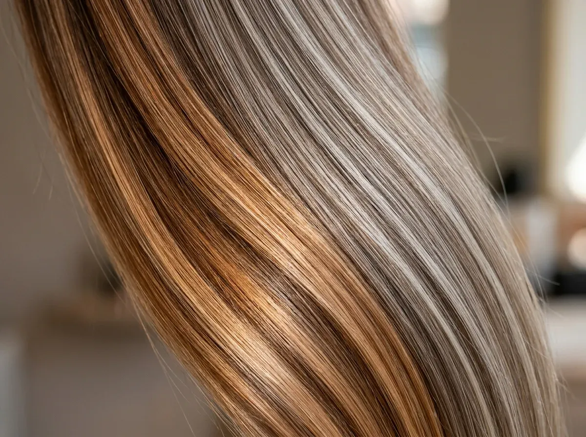 Close-up de mechas e balayage mostrando amostras tonais quentes e frias no cabelo: faixas de mel, caramelo e cobre transicionando para tons frios bege-acinzentado e platinado
