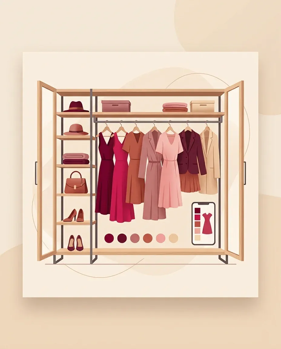 Closet organizado digitalmente com peças separadas por cor e um celular mostrando a paleta de cores combinando com as roupas