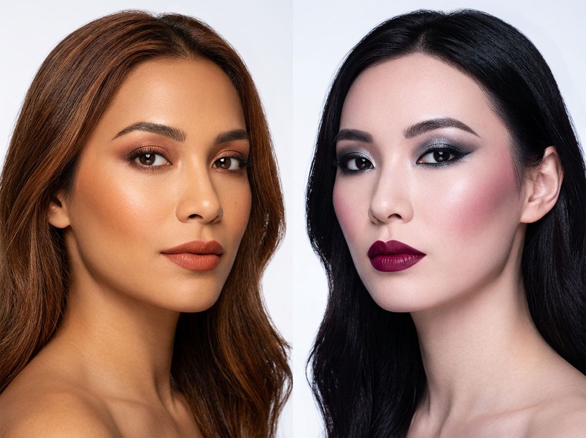 Duas mulheres lado a lado demonstrando maquiagens perfeitamente alinhadas à sua coloração pessoal: à esquerda, tons quentes terrosos para coloração outono; à direita, tons frios e intensos para coloração inverno