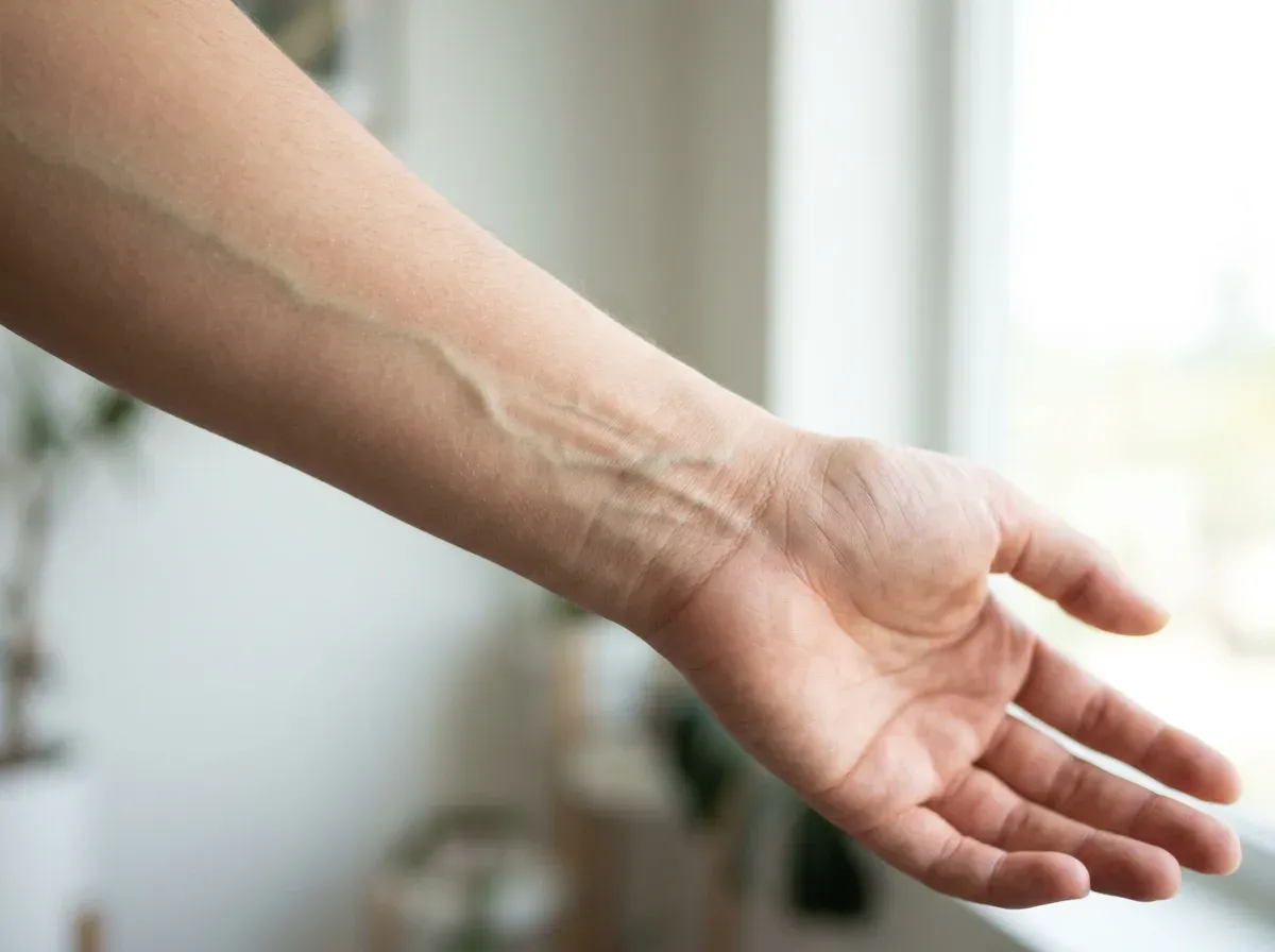 Close-up da parte interna de um pulso sob luz natural mostrando o teste das veias, com veias que aparecem ora esverdeadas ora azuladas para indicar subtom quente ou frio