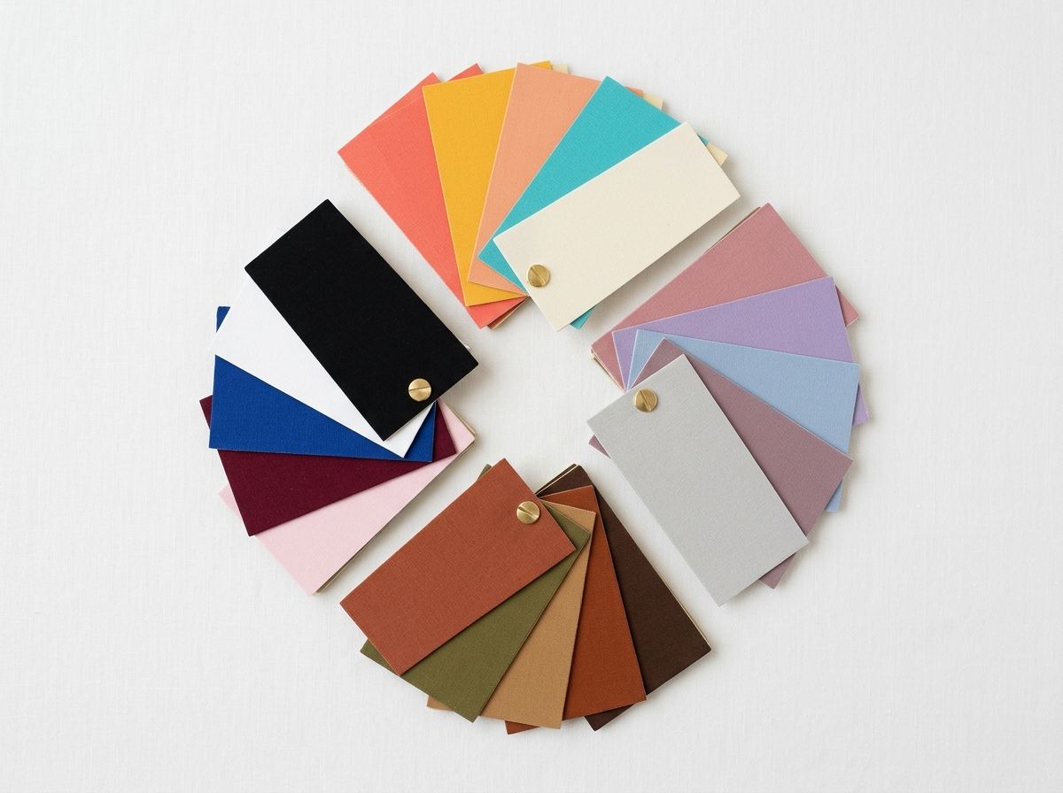 Quatro leques de amostras de cores dispostos em círculo representando as quatro estações da coloração pessoal: tons terrosos do outono, tons intensos do inverno, tons vibrantes da primavera e tons suaves do verão