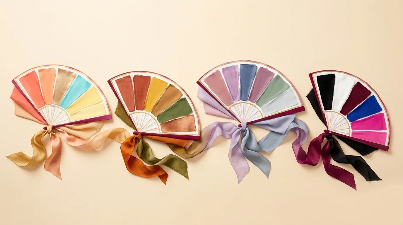 Quatro leques de amostras de cores com fitas de seda representando as quatro estações da coloração pessoal
